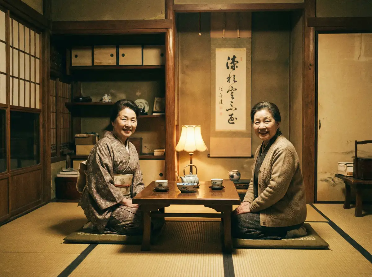 两位优雅的 18禁 在日式茶室中品茶交谈